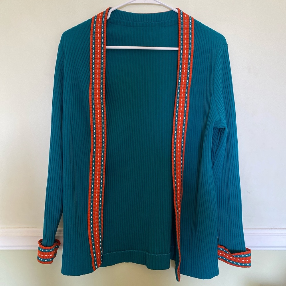 Vintage Cardigan | No tag but would fit S/M | Stretchy material | Teal & Orange